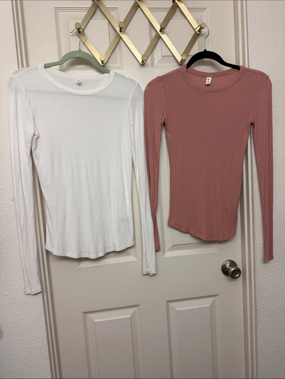 Long Sleeve Crewneck Top — White and Dusty Rose